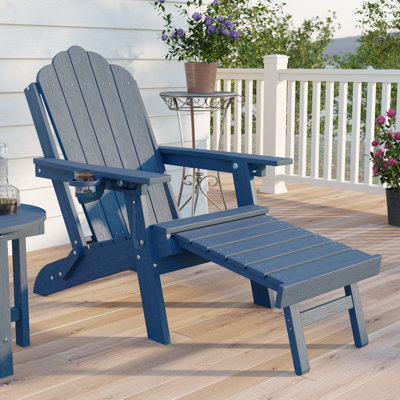 Folding Adirondack Chair with Retractable Ottoman and Cup Holder, Outdoor HDPE Lounge Chair