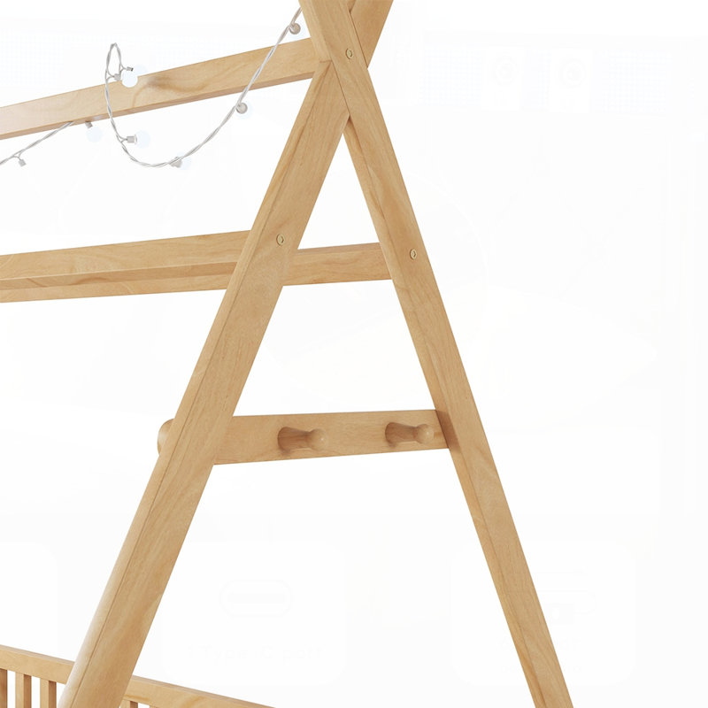 Twin House Bed with Light, Low Floor House Bed with Fence and Roof for Kids ,Natural, Twin, Natural