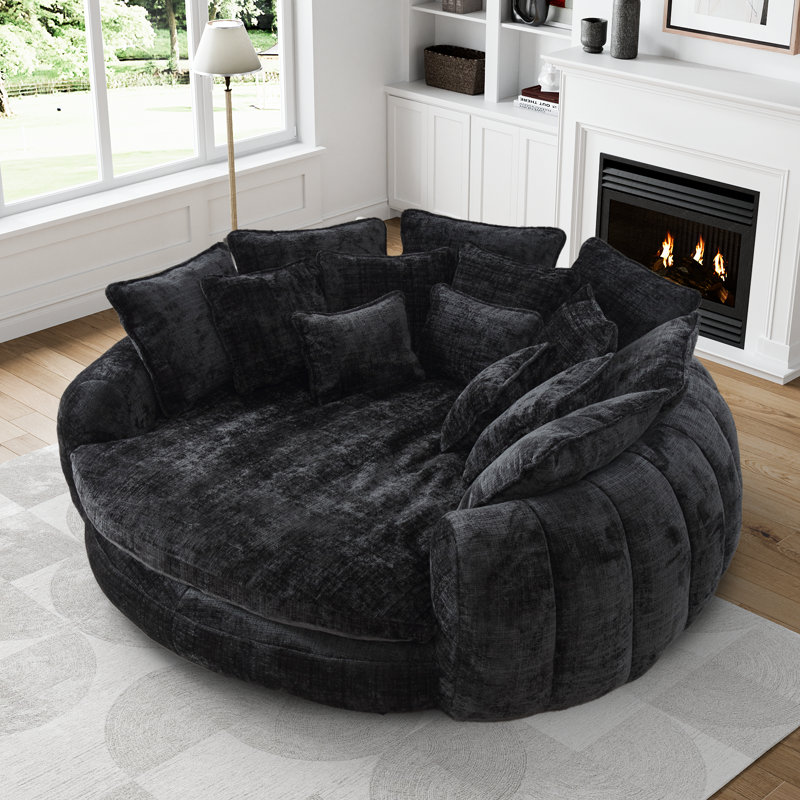 Oversized Compression Bean Bag Sofa - Large Round Loveseat With Pillows, Black Chenille