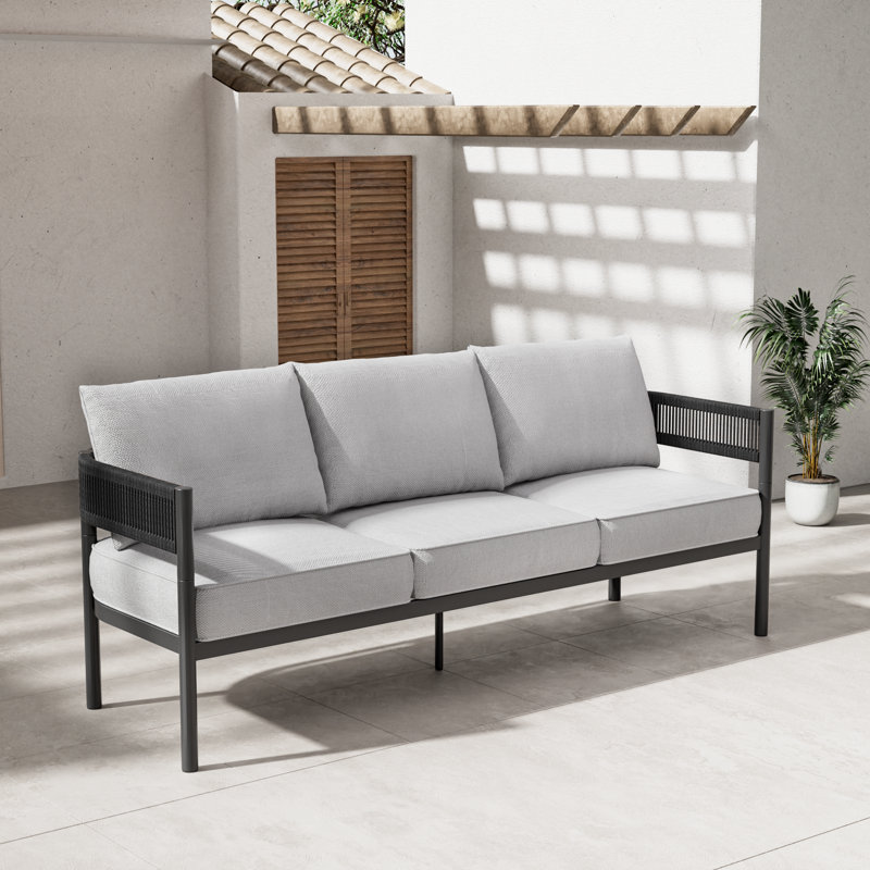 Maine 3-Person Wicker Outdoor Sofa, Mixed Gray Beige Cushion/Black Arm