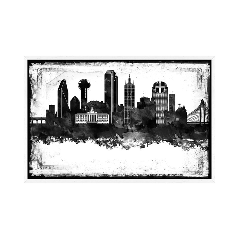 Dallas Black And White Framed Skylines - Print on Canvas, 66.04cm H x 101.6cm W x 3.81cm D, White Framed