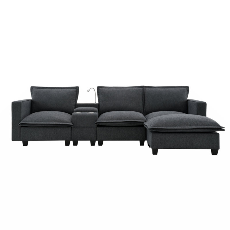 Modular Cloud Sectional | 4-Seat Sofa with Console, USB Charger, Reading Light & Cup Holders for Living Room, Gray Chenille