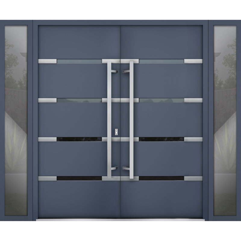 Façade avant extérieure portes doubles en métal / deux fenêtres en verre graphite gris graphite 1105/2 fenêtres extérieures latérales / entrée moderne à droite avec porte active 96 po x 80 po