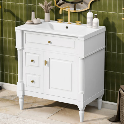 Meuble-lavabo autoportant avec lavabo en céramique, armoire de rangement avec tiroir rabattable et tablette réglable
