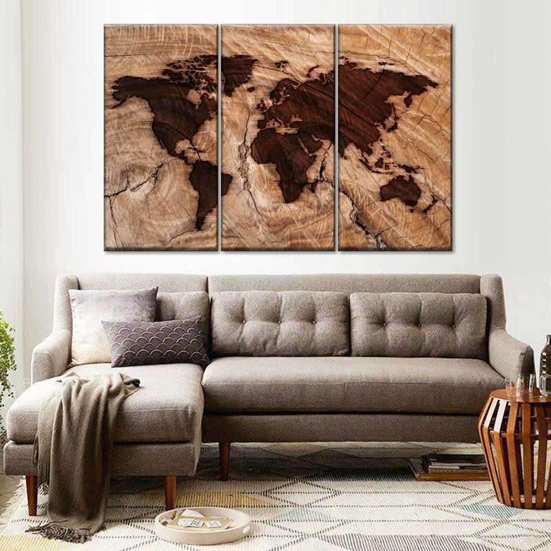 Ensemble de 3 pièces de carte du monde sur toile en bois de marque, H 28 po x l 45 po x P 1,25 po