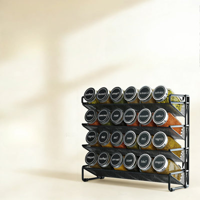 Ensemble complet de rangement à épices avec 24 pots en verre, 386 étiquettes, marqueur à craie et entonnoir - support en acier à 4 niveaux pour armoire, comptoir, garde-manger ou fixation murale