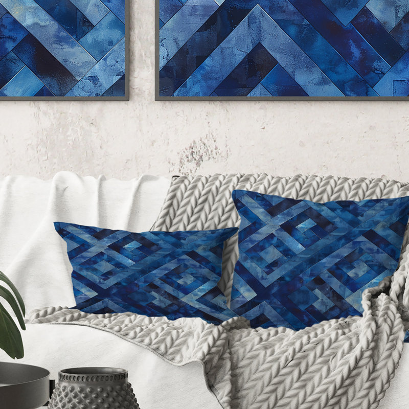 Coussin bleu Midcentury Maze II - Midcentury, H 16 po x l 16 po