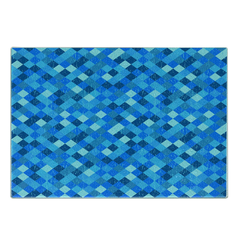 Ambesonne Blue Tempered Glass Cutting Board Diagonal Checked Pattern Turquoise Dark Blue