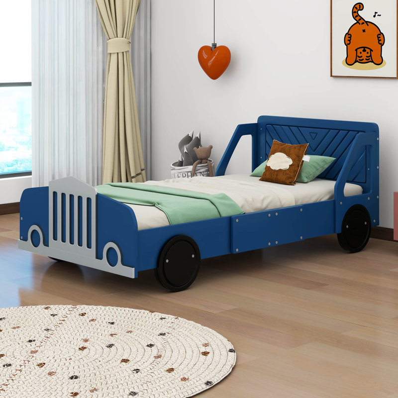 Lit plateforme simple en forme de voiture avec roues Skylon, Bleu