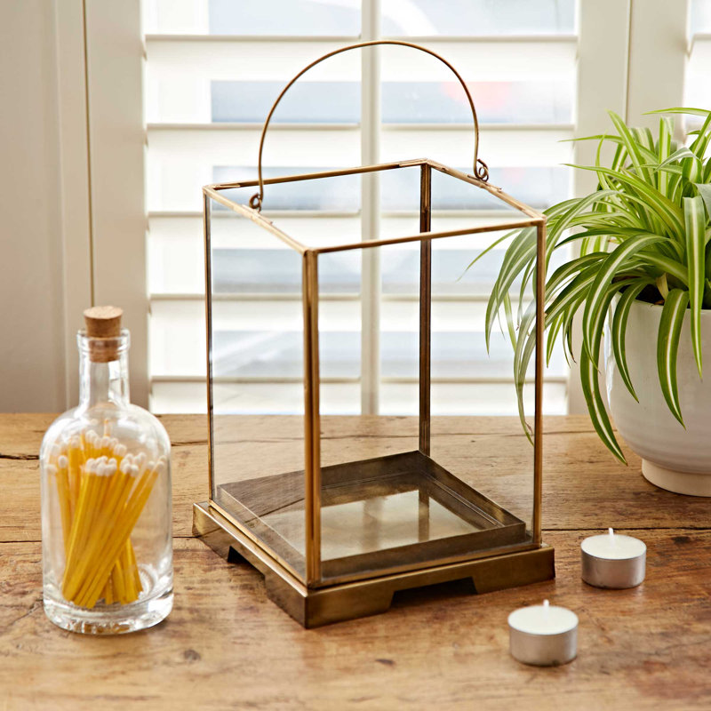 Antique Brass Candle Lantern, 23cm H x 15cm W x 15cm D