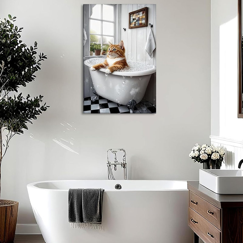 Cat Bathroom Canvas Wall Art Funny Pet Bathing Posters Prints Orange Cat in the Bathtub Picture Modern Artwork for Home Wall Decor Framed, 16.00x24.00 inch