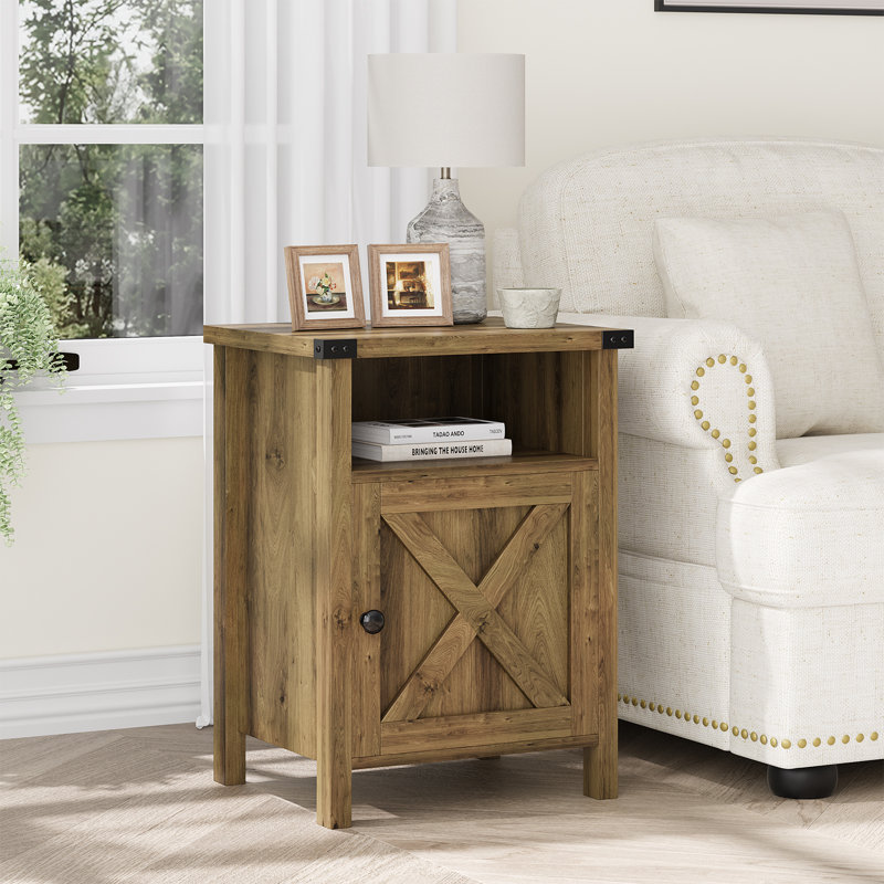 Farmhouse Nairoby Nightstand, End Table, End Tables with Barn Door and Shelf, Modern Bed Side Table Rustic Nightstands Set for Bedroom, Living Room ﻿