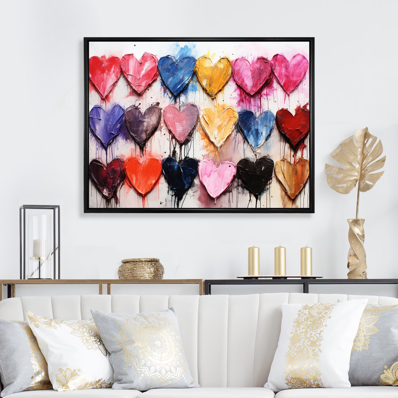 Rose et bleu cœur Pop Art 2 - Art encadré Pop Art, Cadre flottant noir, H 30 po x l 40 po x P 1,5 po