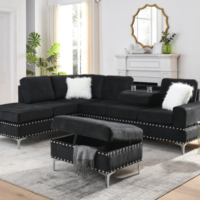 Sectional 3-Seaters Sofa With Reversible Chaise, Storage Ottoman, Cup Holders, Metal Legs, And Copper Nails, Includes Two White Pillows, Ideal For Modern Living