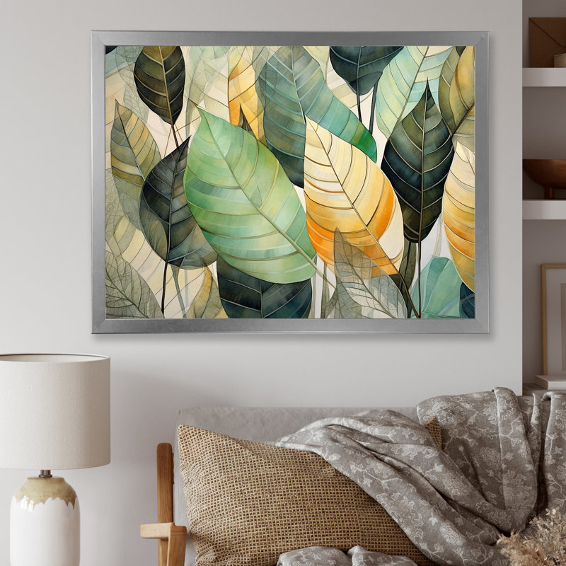 Feuilles vertes et jaunes tranquillité sur toile, H 16 po x l 32 po x P 1 po, Cadre simple argenté