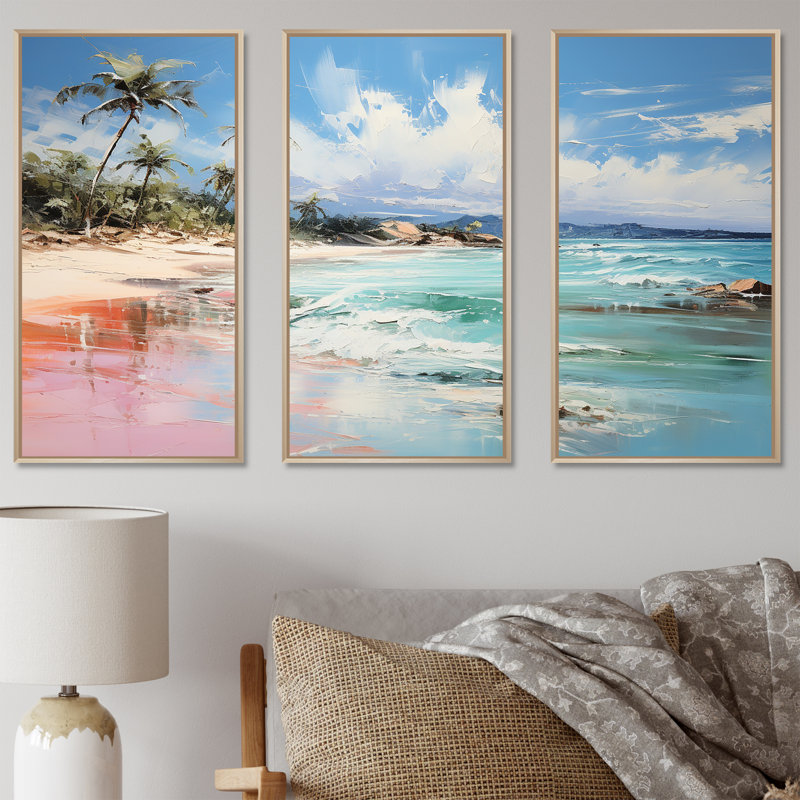 «Green Tropical Beach Escape III» - art mural bord de mer tropical, Cadre flottant brun, H 32 po x l 48 po x P 1 po