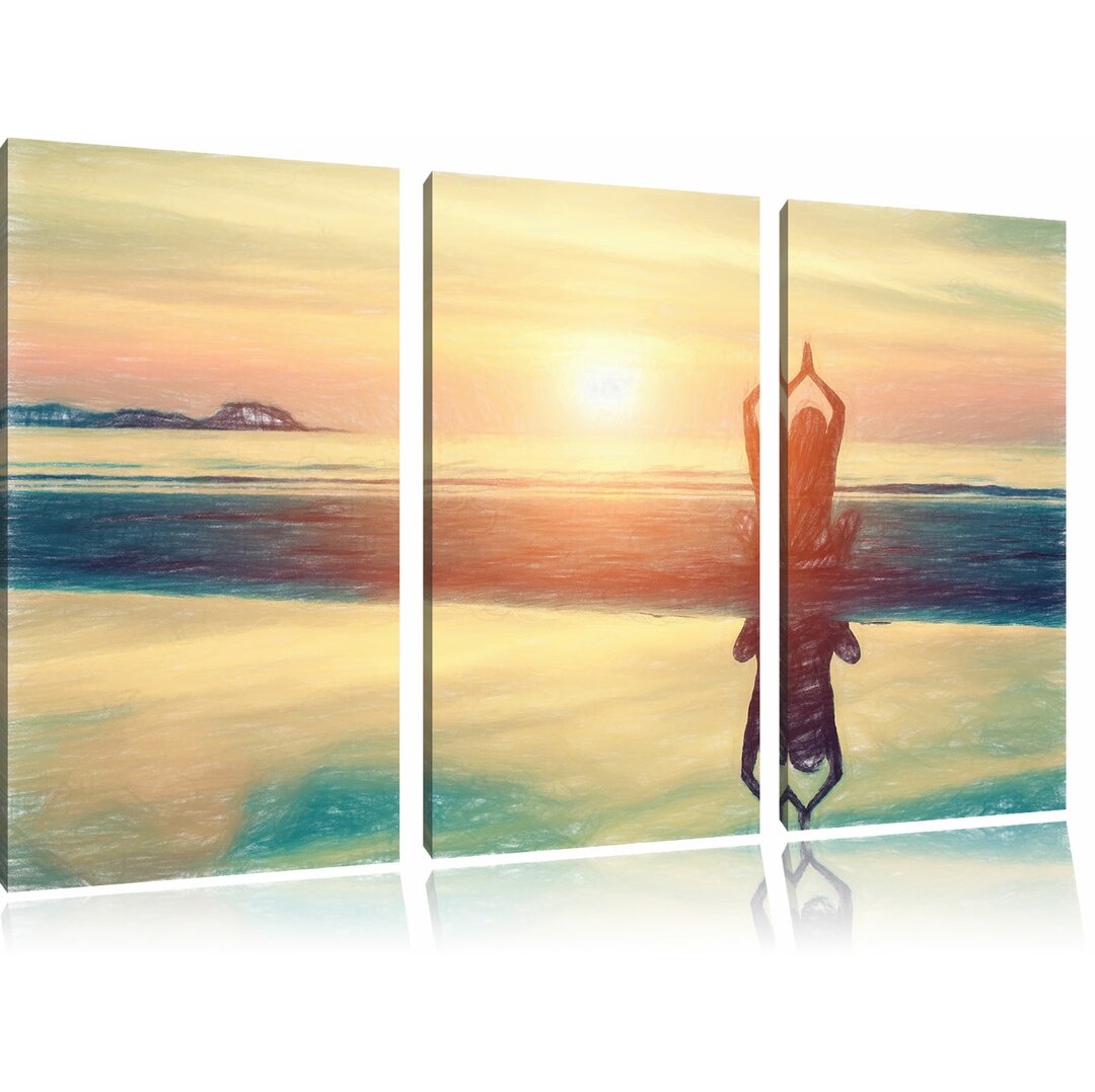 3-tlg. Leinwandbilder-Set „Frau in einer Yogapose am Strand“, Grafikdruck