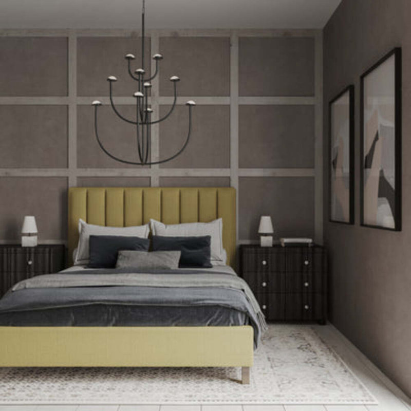 Highline Upholstered Bed, Box Weave Linen Marzipan, Full, Ebony