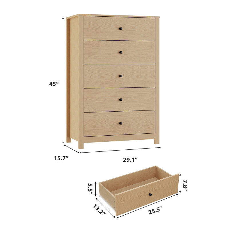 Commode 5 tiroirs Modern, Naturel amande jaune