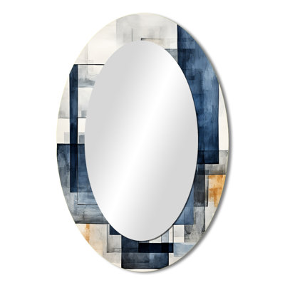 Indigo Illusion Abstract Shapes - Large Oval Wall Mirror On Metal