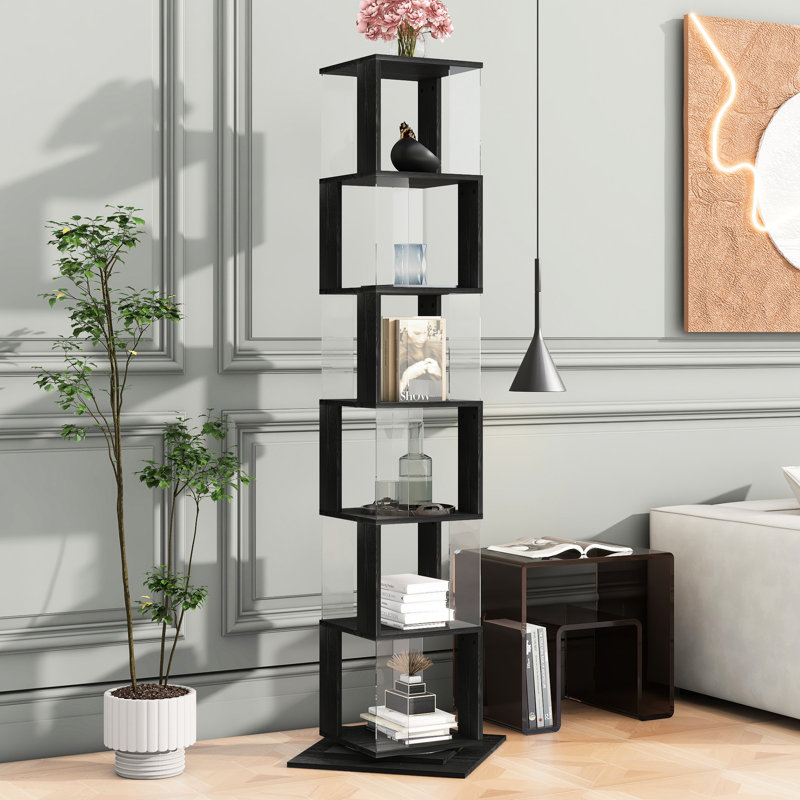 Rotating Book Storage Unit - Clear Acrylic, Wood Grain Veneer, Modern 6 Tier Floor Bookcase With Widened Base Stylish, Space Saving, Holds Many Objects