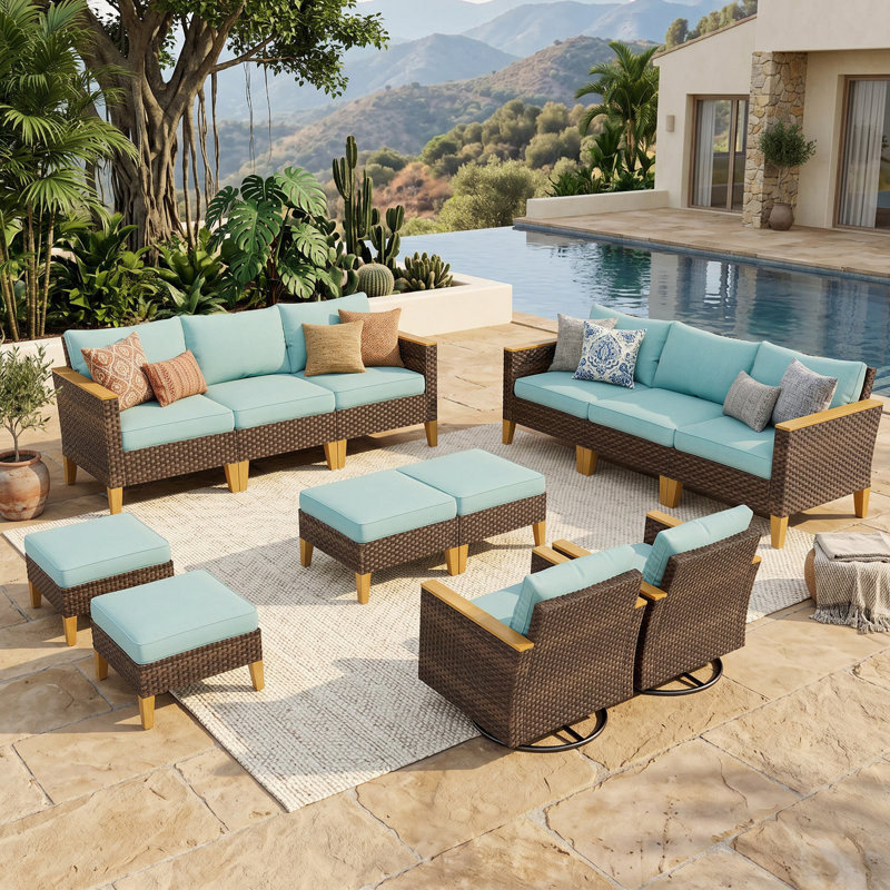 Outdoor Wicker Patio Conversation Furniture Set With Swivel Chairs, No, 8 Pcs: 2 Sofas, 2 Chairs, 4 Ottomans