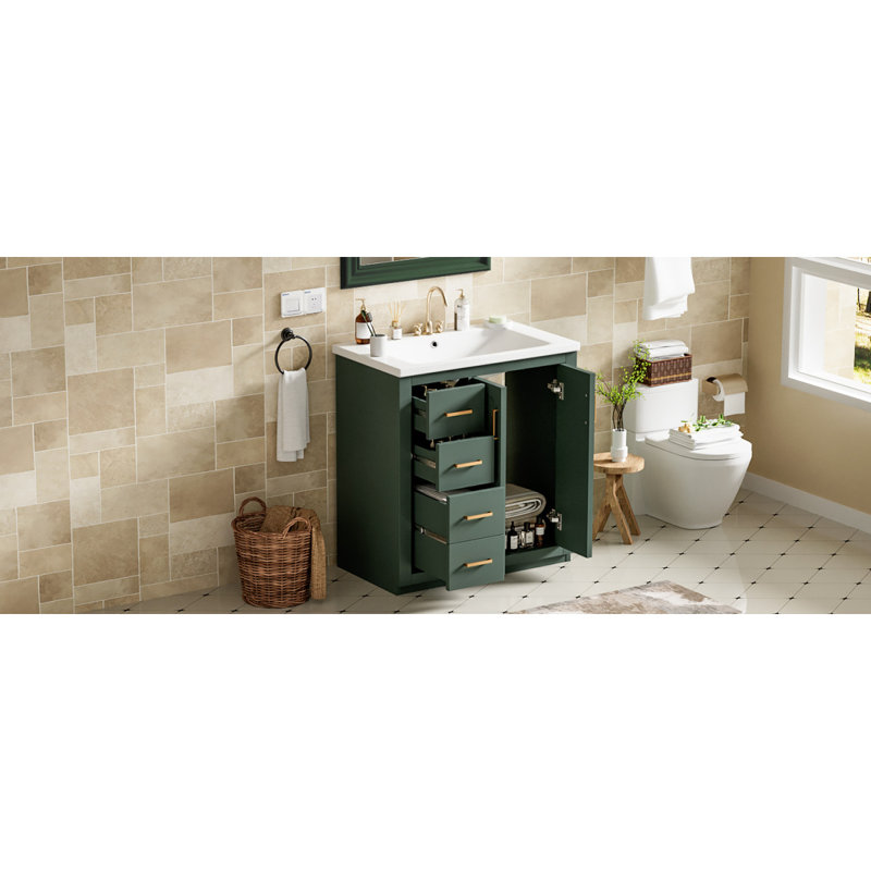 Bathroom Vanity With Ceramic Sink, Wood Frame Bathroom Storage Cabinet With Drawers And Soft Closing Doors, Green