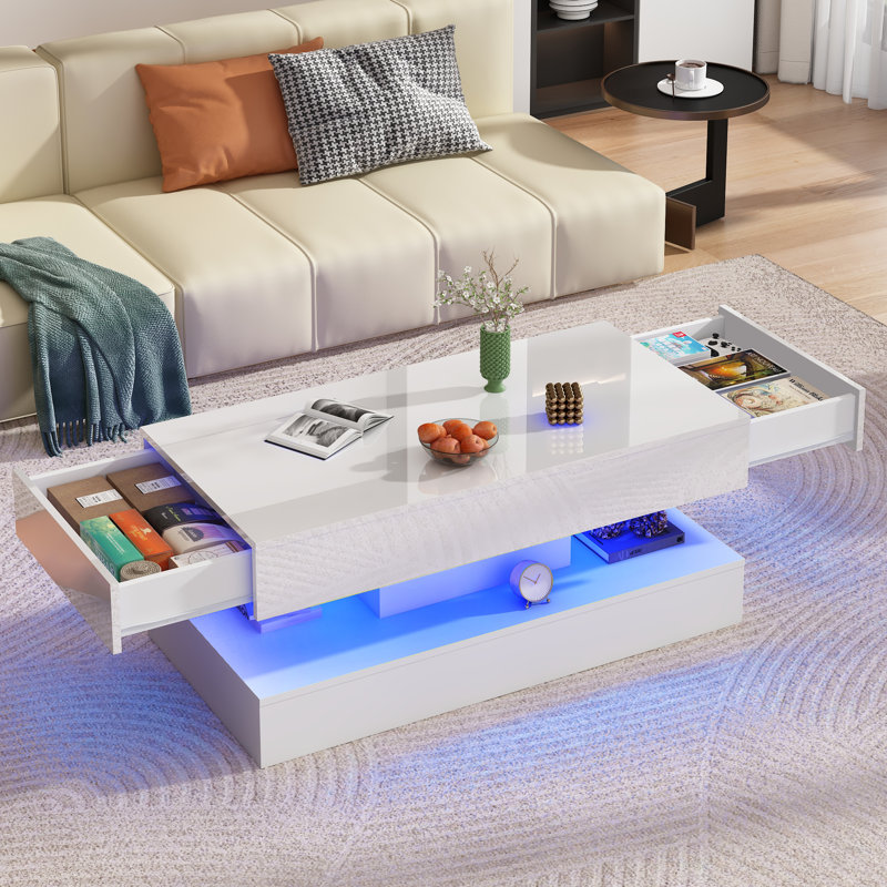 Table basse moderne à DEL ultrabrillante avec 2 tiroirs de rangement, 20 lumières à DEL de couleurs (APP / télécommande), table centrale à impression marbrée à 2 niveaux pour le salon
