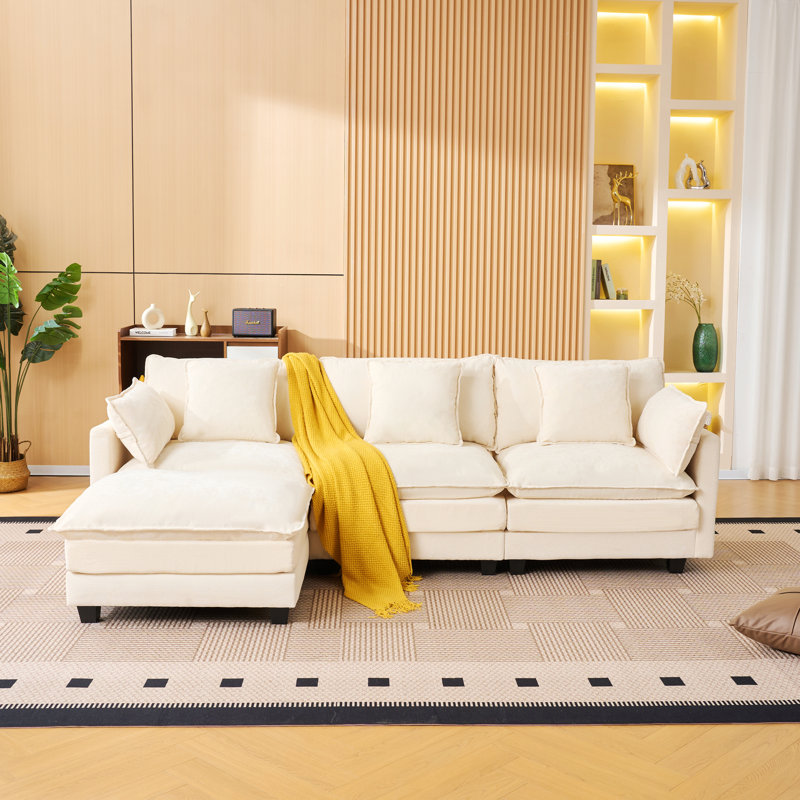 Canapé modulaire à 3 places avec repose-pieds de rangement pour espaces de vie, Beige