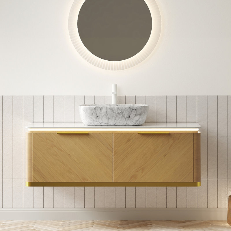 Meuble-lavabo 48 po: armoire flottante en contreplaqué avec tiroirs, capteur, cuve en céramique de haute qualité et plateau en pierre frittée, pré-assemblé dans un meuble-lavabo foncé: poignées dorées, dureté