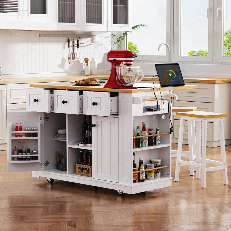 53Inch Large Kitchen Island With 2 Bar Stools, Power Outlet,Door Internal Storage Rack, Kitchen Storage Cart On 5 Wheels With Drop Leaf, 5 Open Side Racks, 3 Drawers, For Kitchen,Dining Room,White