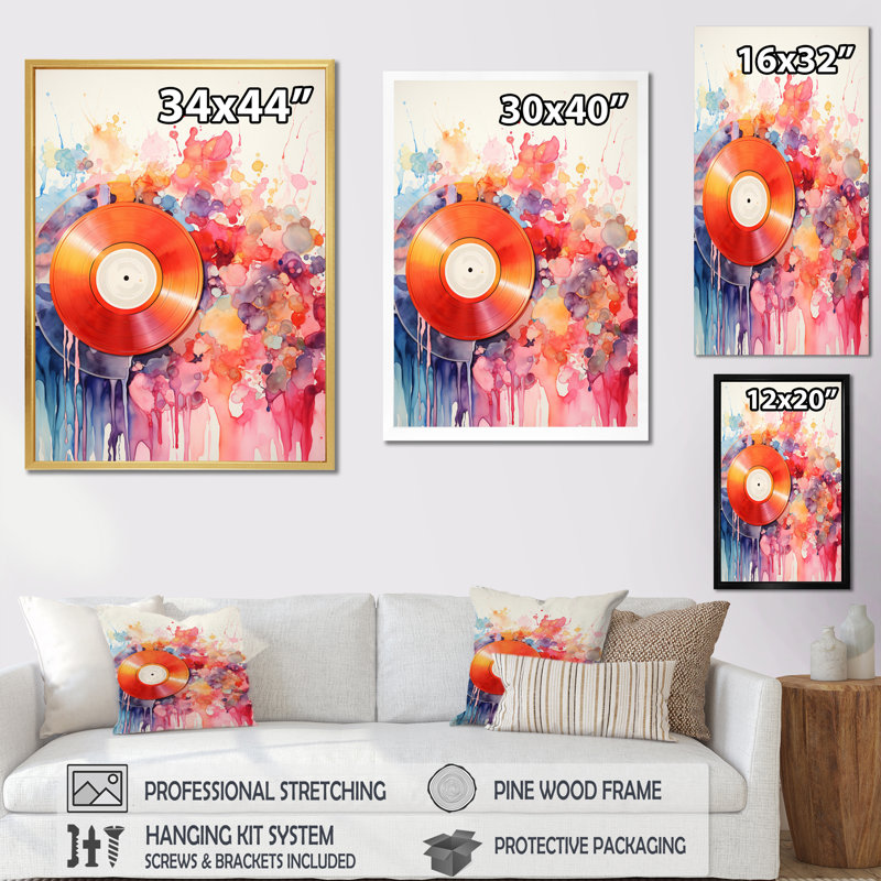 Rainures de vinyle colorées II sur toile, Toile tendue, H 44 po x l 34 po x P 1,5 po