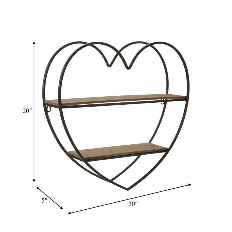 Elise Heart-Shaped Metal and Wood Wall Shelf with Iron Frame and Plywood Shelves, Decorative Hanging Storage with Sturdy Design for Functional Display