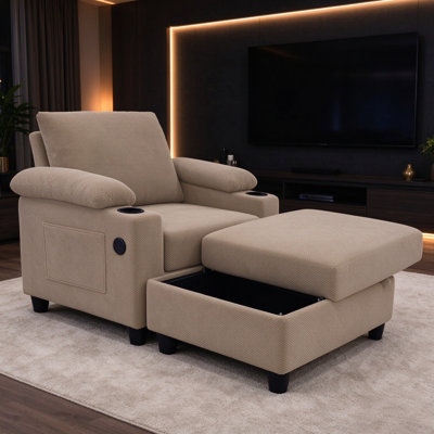 Fauteuil d'appoint de 37 po de large avec repose-pieds de rangement, dossier inclinable et ports USB-C Geneveve