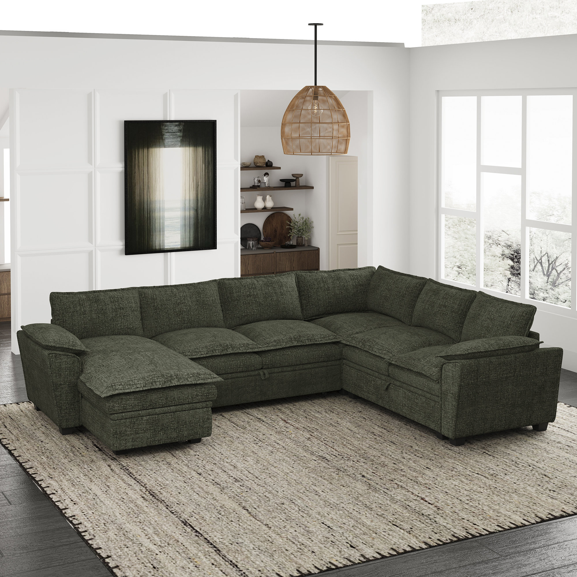 Latitude Run® Large Chenille U-Shaped Storage Sectional Sofa King Pull ...