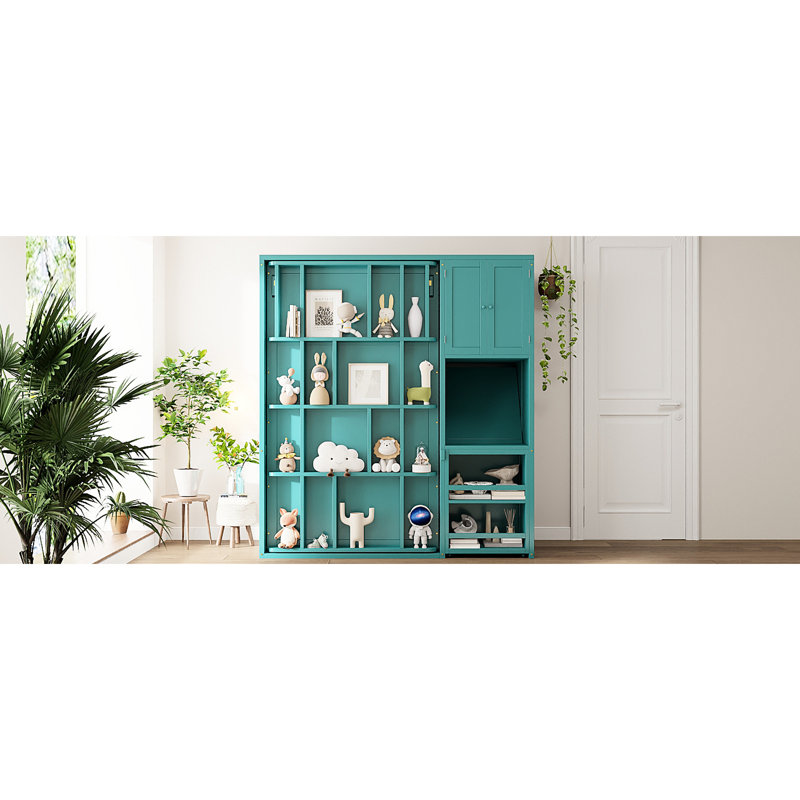 Lit simple bleu sarcelle rotatif avec plan de rangement pour bibliothèque, solution de rangement pour armoire supérieure, surface de travail escamotable et compartiments latéraux à l'ombre, bibliothèque intégrée, boîte dissimulée intégrée, zone extensible