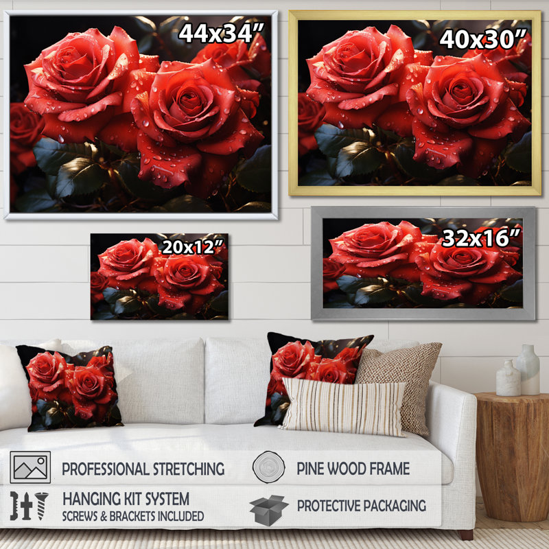 Roses rouges et noires lustrées du matin, H 16 po x l 32 po x P 1 po, Cadre naturel flottant