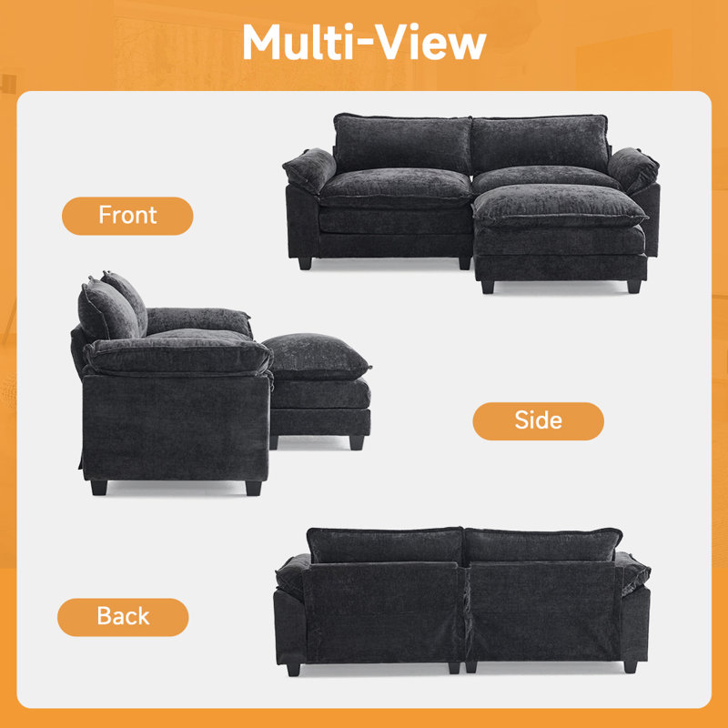 85.4 In'' Multi-Layer Cushion Loveseats With Ottoman, Black Chenille