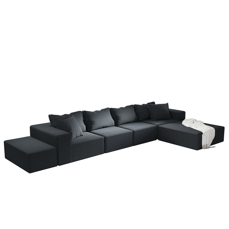 Modern Upholstered Boneless Sectional Sofa Couch Set,Modular Shaped Sectional Living Room Sofa Set, Black Chenille