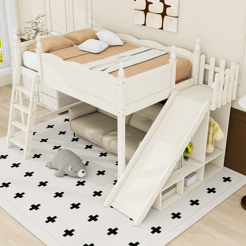 Lit mezzanine avec tablettes de rangement et garde-robe, Beige, Lit double