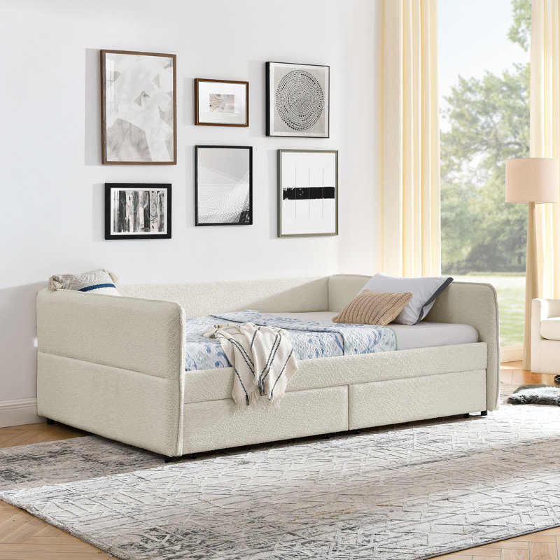 Daybed With Trundle Upholstered Tufted Sofa Bed, With Two Drawers, Queen Size, Boucle Fabric, Beige