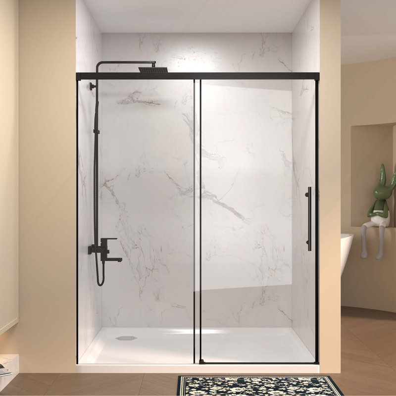 60" W × 72" H Single Sliding Shower Door,5Mm Fixed Glass And 6Mm Sliding Glass Frameless , Clear Tempered Glass, Stainless Steel Handle