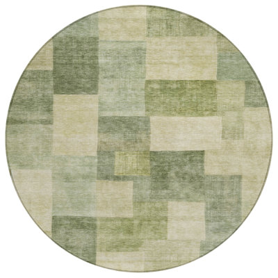 Tapis d'intérieur rond 8 po à motif géométrique vert lavable