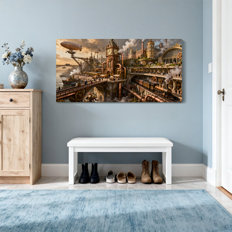 Paysage urbain fantaisiste et sci-fi Steampunk avec tour de l'horloge et dirigeable, H 28 po x l 58 po