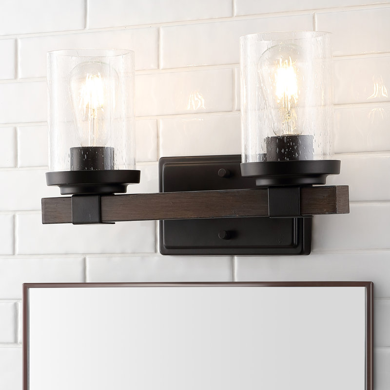 Borth Iron/Seeded Glass Rustic Farmhouse LED Vanity Light, 2 Lights, Matte Black/Dark Brown