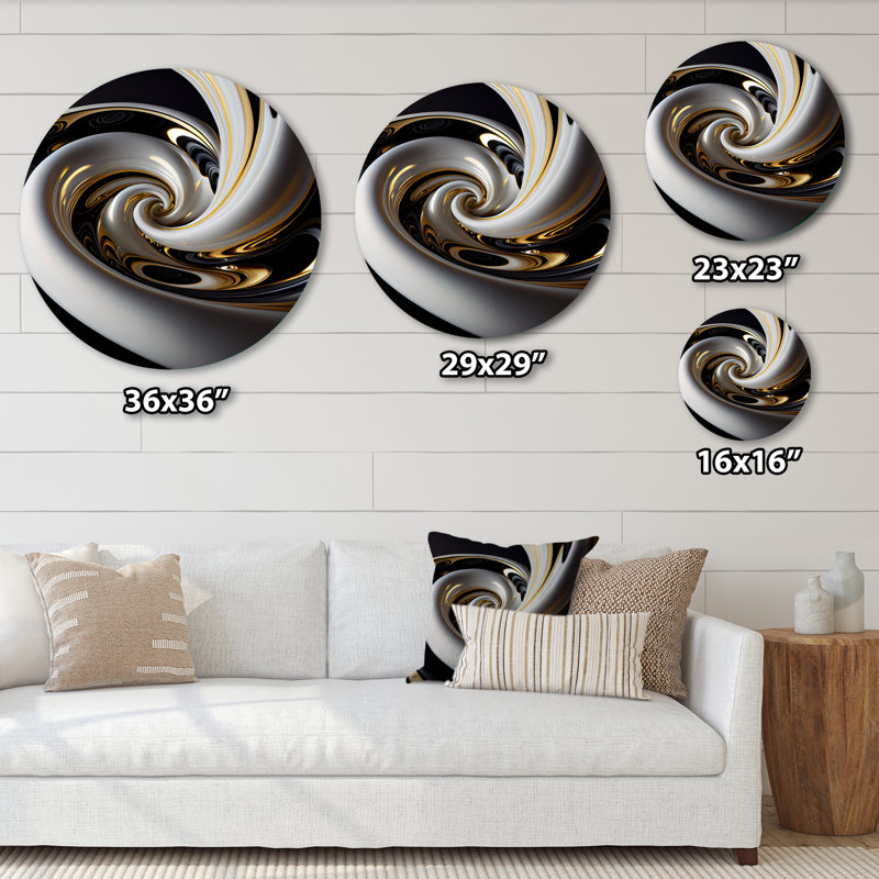 Vitrail doré noir et blanc III - Art abstrait rond en métal, H 16 po x l 16 po