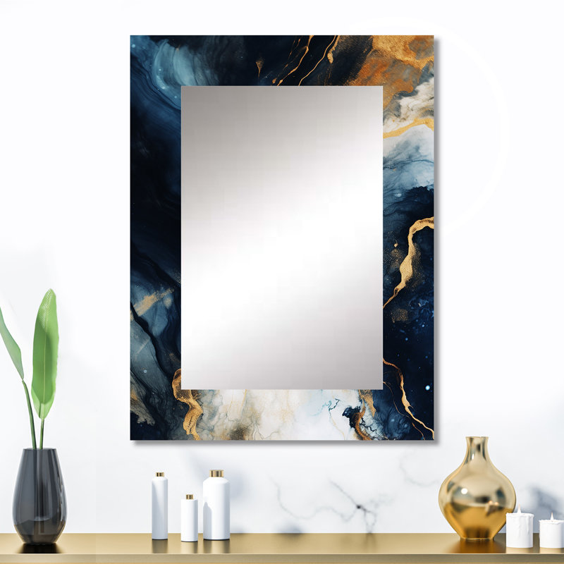 Or et bleu abstrait peinture de marbre II - miroir décoratif en marbre, miroir mural doré, impression d'art en métal