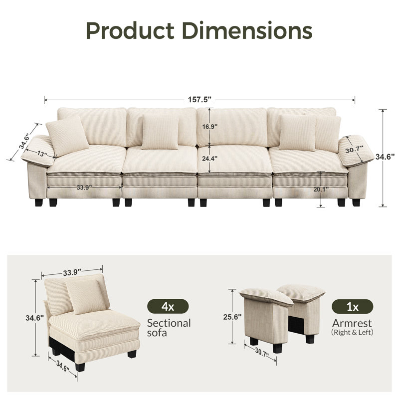 158" Modular Sectional Sofa, Comfy Cloud Couch For Living Room, 4-seater Deep Seat Sofa With Throw Pillow, Ivory Corduroy