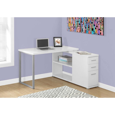 Bureau d'ordinateur, bureau personnel, coin, gauche, configuration à droite, tiroirs de rangement, forme en L, travail, ordinateur portable, stratifié, métal, contemporain, moderne