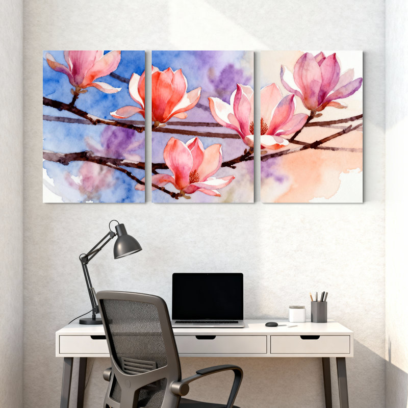 «Magnolia Pink Magnolia Flowers On Branches», ensemble de 3 impressions sur toile, H 30 po x l 60 po